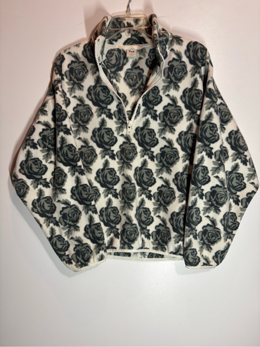 Tna Half-Zip Fleece Pullover Ivory and Charcoal Rose Print